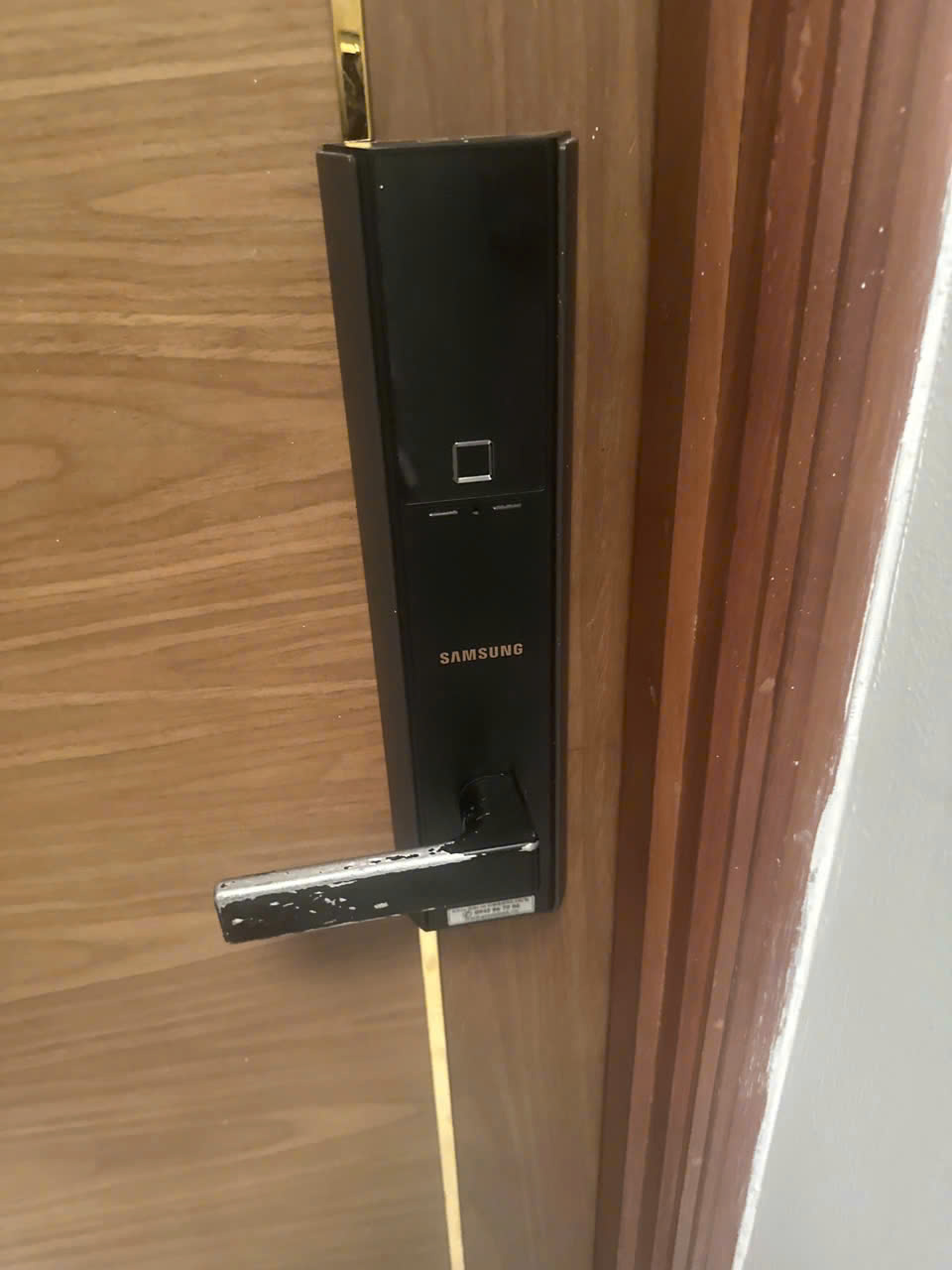Kỹ thuật viên chuyên nghiệp đang kiểm tra và sửa chữa khóa cửa điện tử Samsung tại căn hộ Eco Green Tân Thuận Tây, Quận 7, với các công cụ hiện đại.